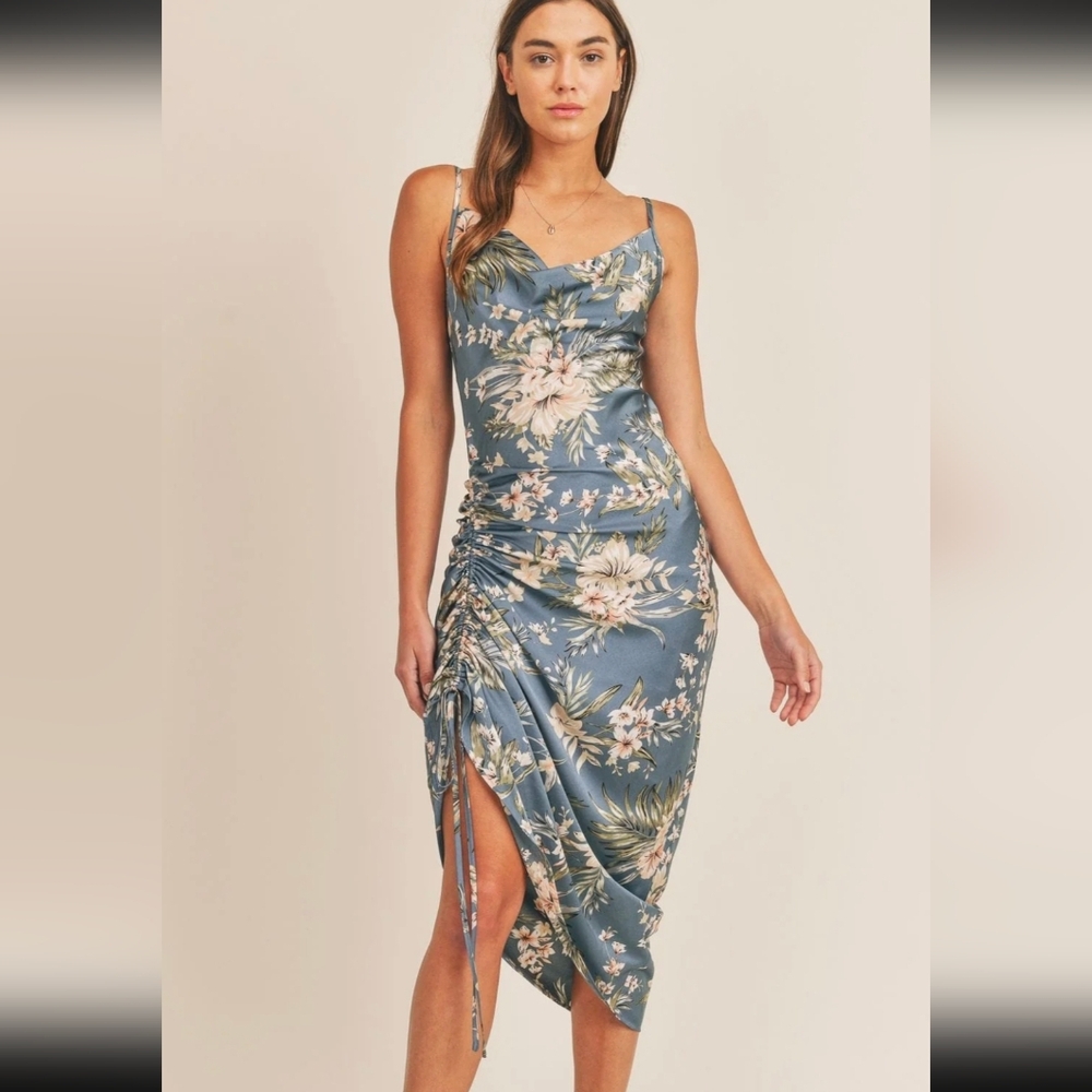 Floral Blue Ruched Dress